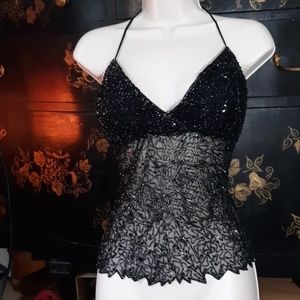 Bead Embroidered and Lace Halter Club Top L